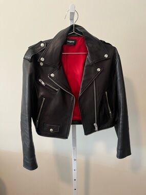 The Kooples Black Leather Cropped Moto Jacket